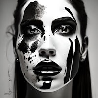 a black and white photo of a woman with paint on her face