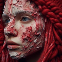 a close up of a woman with red paint on her face