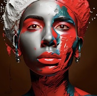 a woman with red, blue and white paint on her face